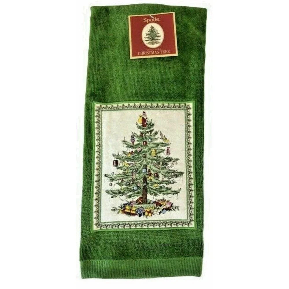 Spode Christmas Tree Kitchen Dish Towels Set of 2 Green Appliqued 100% Cotton